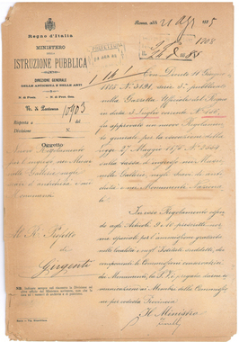 The document communicates that in the "New Regulations for admission to Museums, Galleries, Ancient Excavations and Monuments" there are two special articles (Articles 9 and 10) which specify that admission is free for the conservation commissions of monuments.